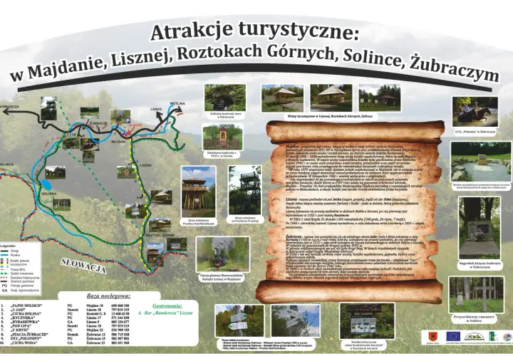 Mapa turystyczna z atrakcjami w okolicach Majdanu koło Cisnej, m.in. wieże widokowe, zabytki i szlaki.