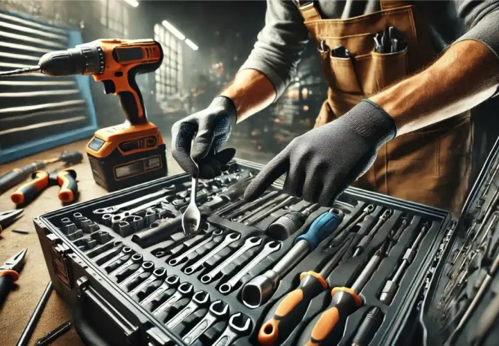 Un técnico revisa un surtido de herramientas industriales, incluyendo un taladro y llaves de vaso, en un taller.