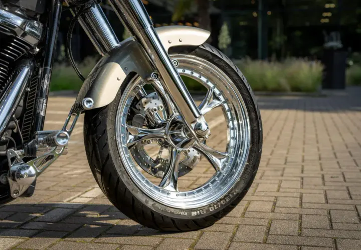 Dettaglio di una ruota cromata di moto. Scopri come pulire i cerchi della moto per mantenerli brillanti.