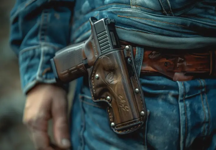 Pistolet w skórzanej kaburze na pasie, gotowy do użycia. Opłata za pozwolenie na broń to koszt legalnego posiadania.