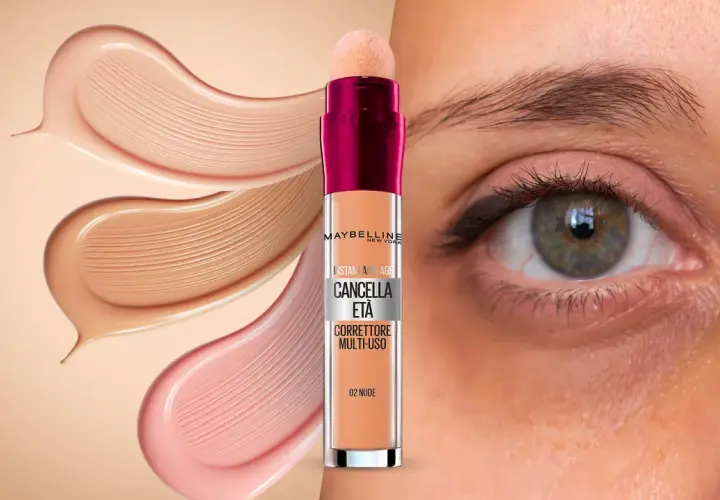 Correttore Maybelline per un trucco sotto gli occhi impeccabile. Diverse tonalità di fondotinta e un occhio che mostra la sua efficacia.