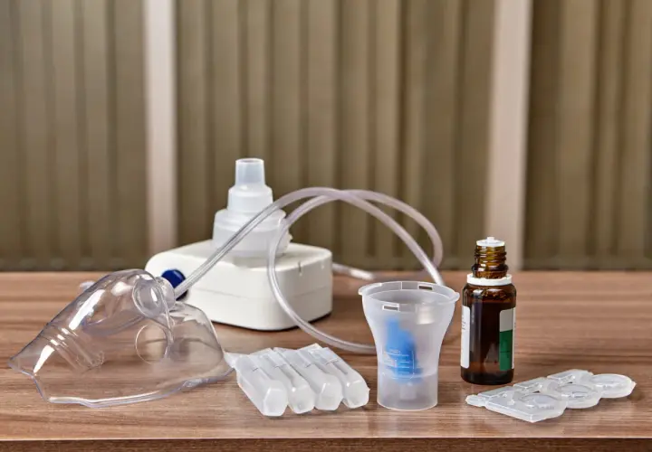 Kit d'inhalation pour aider à comment dégager les bronches du mucus. Masque, nébuliseur, ampoules et flacon de solution saline.