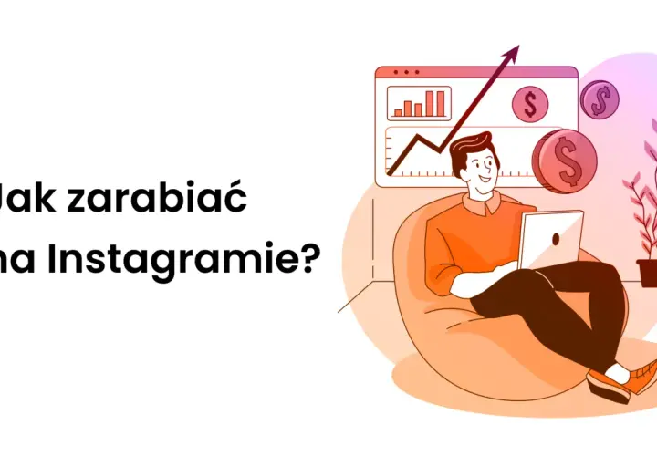 Mężczyzna z laptopem na wygodnej pufie, analizujący wykresy wzrostu i monety z symbolem dolara. Ilustracja pokazuje, jak zarabiać na Instagramie.
