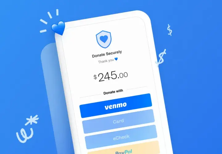 A phone screen shows a donation page with a $245.00 amount and a "Donate with Venmo" button, highlighting the ease of using a Venmo organization account for charitable giving.