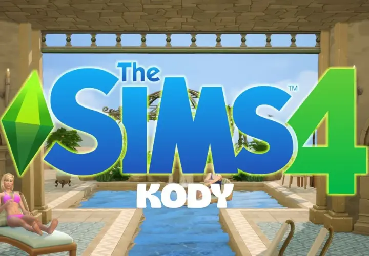 The Sims 4 logo z napisem KODY. W tle basen i wypoczywające Simki.