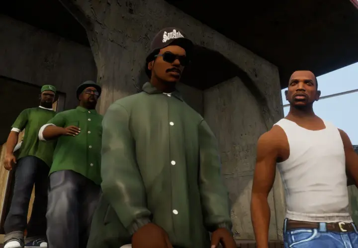 Czterech mężczyzn w zielonych ubraniach i czapce "San Andreas" stoi razem. To scena z gry GTA SA VR.