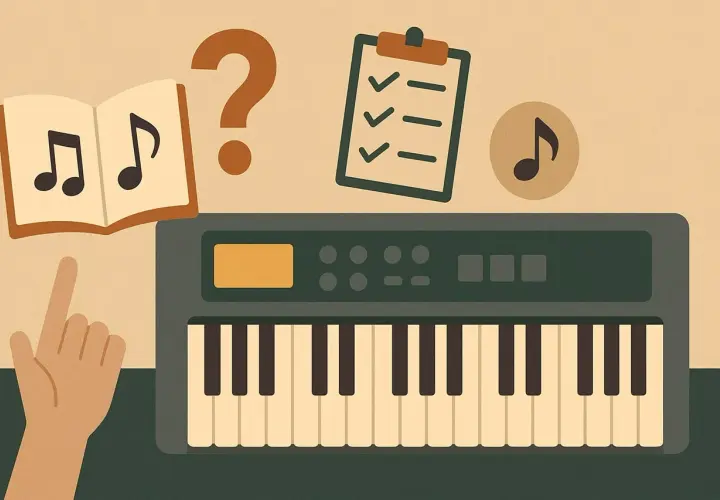 Ręka wskazuje na klawisze keyboardu, obok nuty, znaki zapytania i listę zadań. Opis klawiszy keyboardu jest kluczowy do nauki gry.