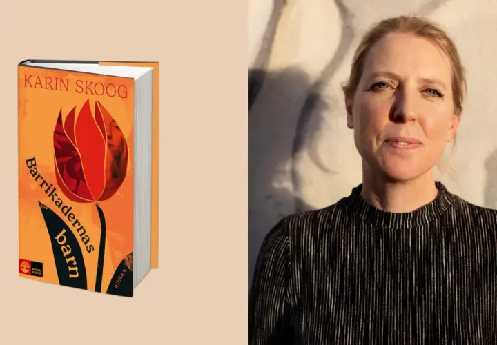 Karin Skoog, författaren till "Barrikadernas barn", porträtterad bredvid sin bok.
