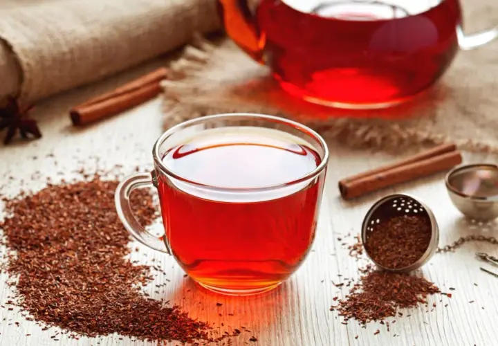 Aromatic rooibos właściwości: napar w szklance, susz, laska cynamonu i zaparzacz na drewnianym blacie.