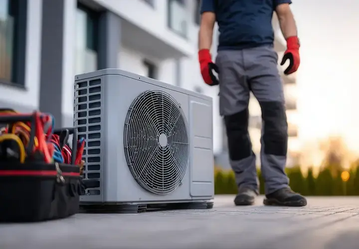 Instalator w rękawicach przygotowuje pompę ciepła do montażu. Idealne miejsce na pompę ciepła to klucz do efektywności.