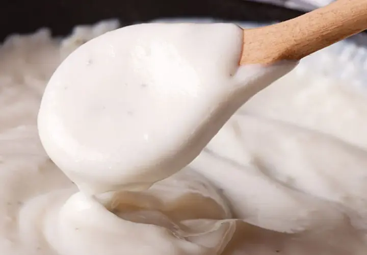 Cremosa bechamel vegana servida en una cuchara de madera, lista para dar un toque delicioso a tus platos.