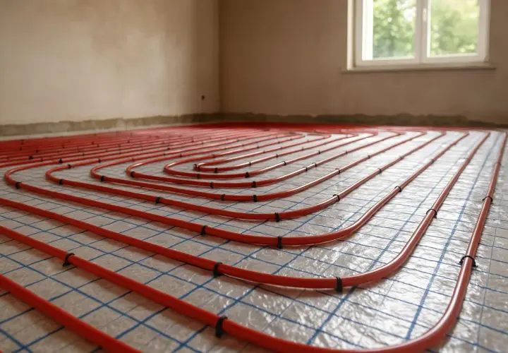 Tubazioni rosse disposte a spirale per il riscaldamento a pavimento, pronte per essere coperte.