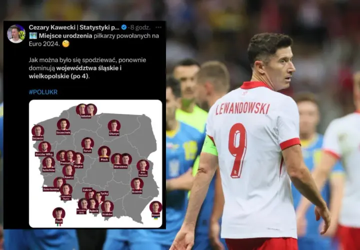 Robert Lewandowski, który ma najwięcej występów w reprezentacji Polski, na tle mapy z miejscami urodzenia kadrowiczów na Euro 2024.
