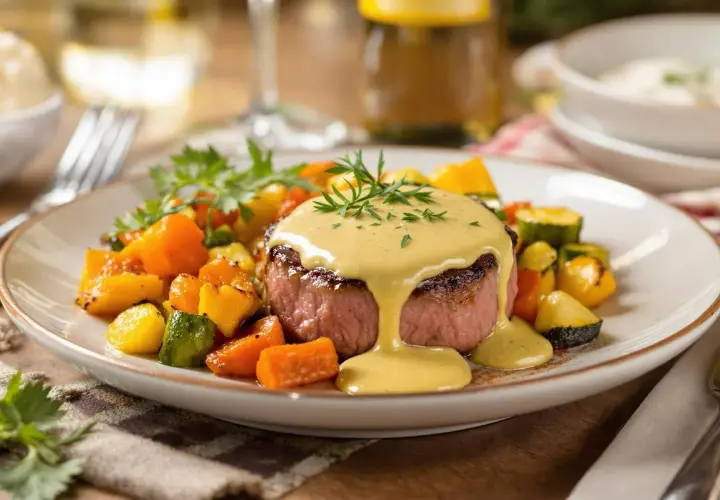 Filet mignon à la moutarde au four, servi avec des légumes rôtis colorés. Une sauce onctueuse nappe la viande.