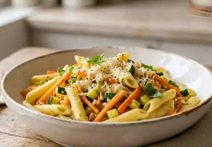 Un plat de pâtes aux légumes colorés, garni de fromage râpé et de basilic frais. Un délice simple et sain.
