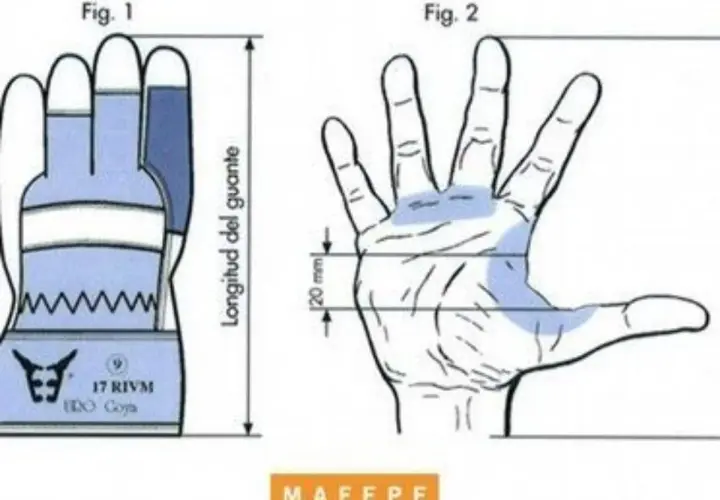 Guía para la talla de manos: un guante (Fig. 1) y una mano con medidas (Fig. 2) para asegurar el ajuste perfecto.