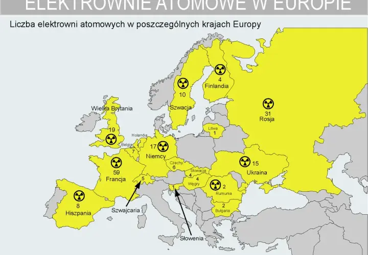 Mapa Europy pokazuje liczbę elektrowni atomowych w krajach. Niemcy mają 17 elektrowni atomowych.