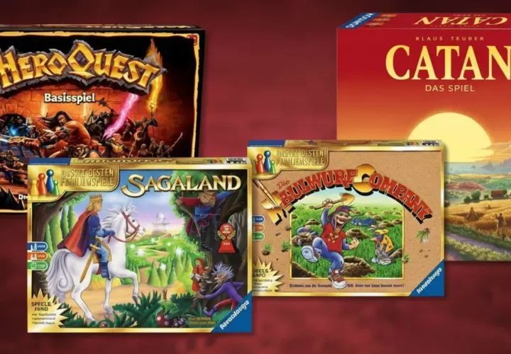 Brettspiele aus den 90ern: HeroQuest, Sagaland, Die Maulwurf Company und Catan. Nostalgische Spieleabende sind garantiert!