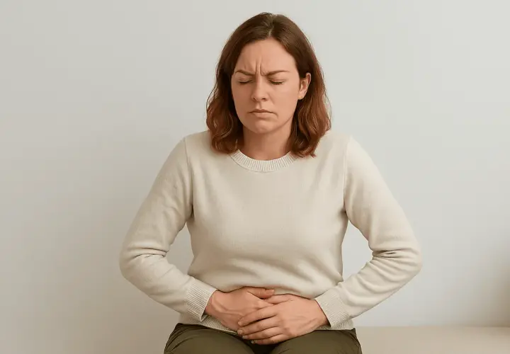 Femme se tenant le ventre, le visage crispé par la douleur. Elle se demande combien de temps dure une infection urinaire sans traitement.