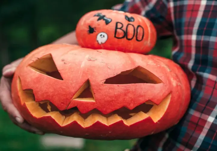 Zucca intagliata con faccia spaventosa e una più piccola sopra con simboli di Halloween in inglese: pipistrello, ragno e la scritta "BOO".