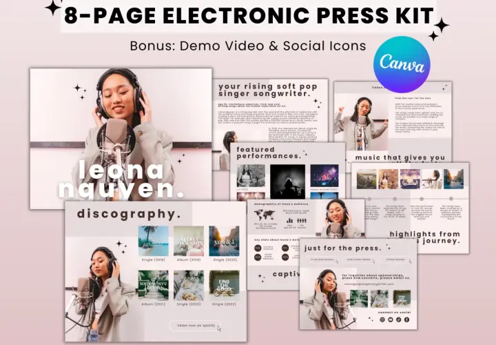 Une page de présentation électronique pour Leona Nguyen, chanteuse pop. Elle inclut sa biographie, discographie, statistiques et informations de contact.
