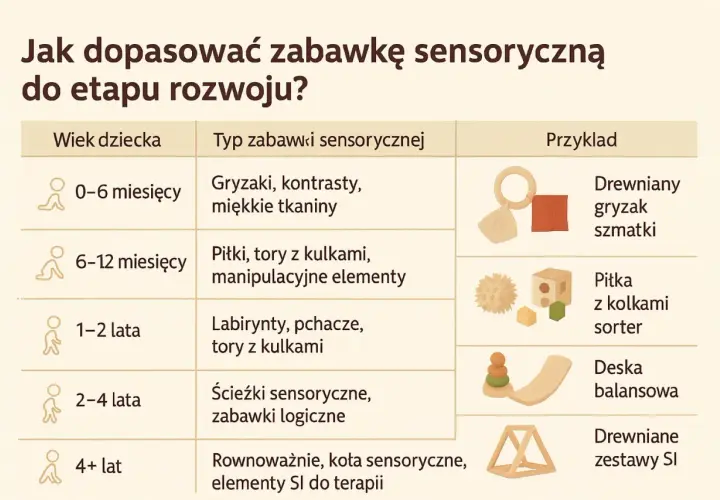 Tabela pokazuje, jak dopasować zabawki sensoryczne do wieku dziecka: od gryzaków dla niemowląt po zestawy SI dla starszych.