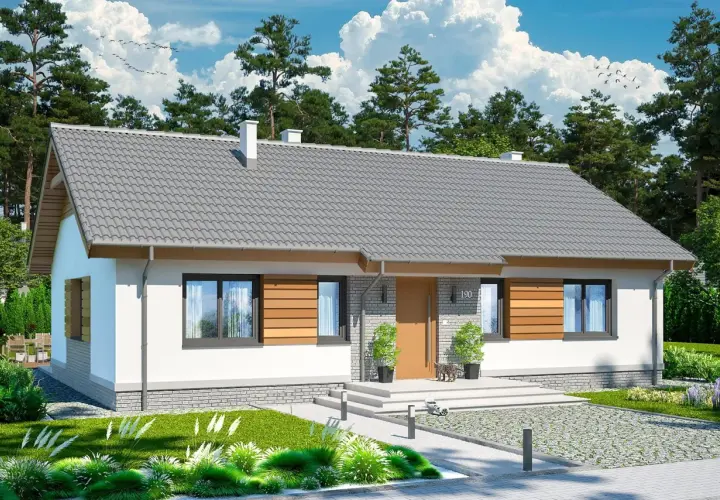 Nowy, nowoczesny dom parterowy do 100m. Elegancka elewacja, szary dach, drewniane detale. Idealny na spokojne życie.