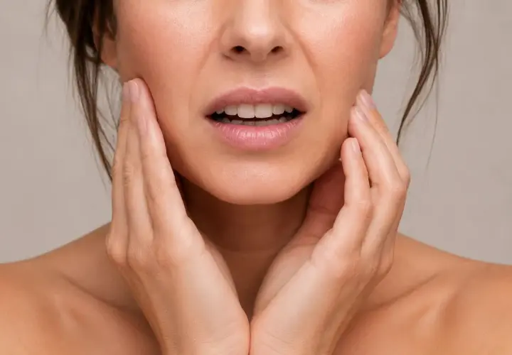Mujer con expresión de dolor, tocándose la mejilla. Podría ser dolor después de empaste.