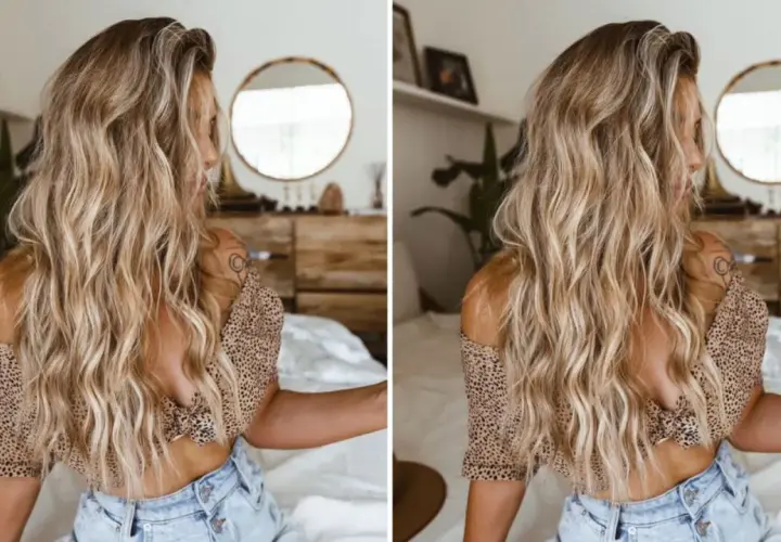 Blondynka z burzą falowanych włosów, niczym po dniu na plaży. Jej luźne, beach waves hair idealnie komponują się z letnią stylizacją.
