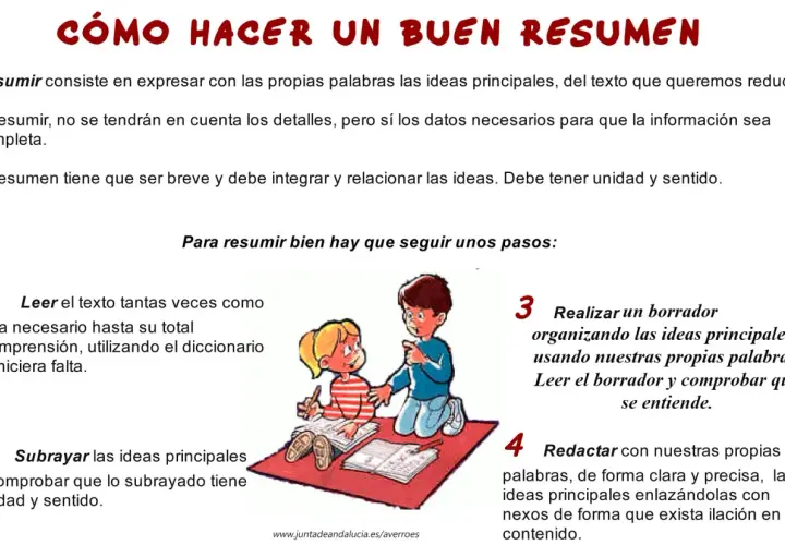 Ilustración de dos niños estudiando, aprendiendo qué es un resumen. Explica cómo hacerlo paso a paso.