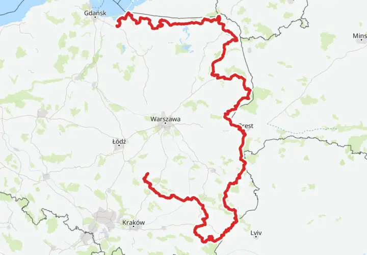 Mapa z zaznaczoną trasą rowerową, która biegnie przez północną i wschodnią Polskę, w tym przez Podkarpacie.