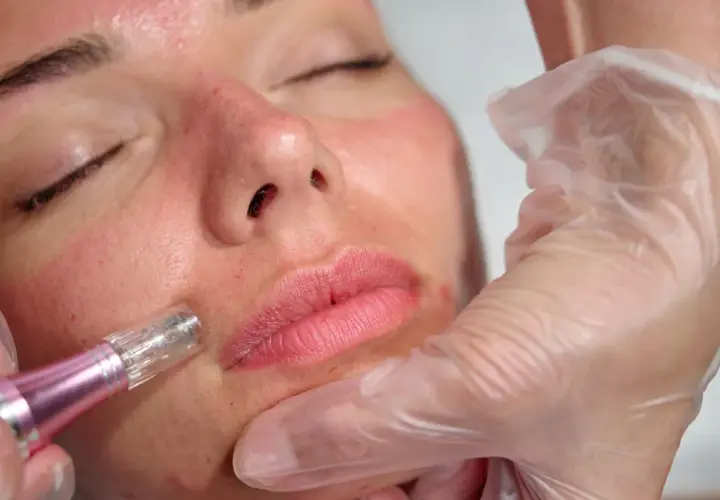Zabieg dermapenem na twarz. Widoczne zaczerwienienie i drobne nakłucia, zapowiedź przyszłych dermapen efekty.