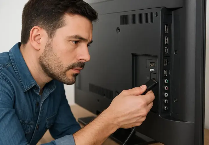 Mężczyzna podłącza kabel do telewizora, pokazując, jak podłączyć telewizor.
