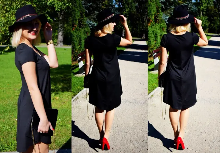 Elegancka czarna sukienka i czerwone szpilki tworzą stylowy zestaw. Kobieta w kapeluszu spaceruje po parku.
