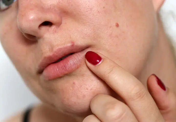 Nahaufnahme von Lippen und Nase mit einigen Mitessern an der Lippe. Eine Hand mit rotem Nagellack berührt sanft die Haut.
