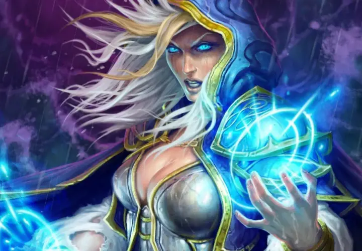 Jaina Proudmoore, czarodziejka z niebieskimi oczami, rzuca zaklęcie. Jej moc jest równie potężna jak siła primaris space marines.
