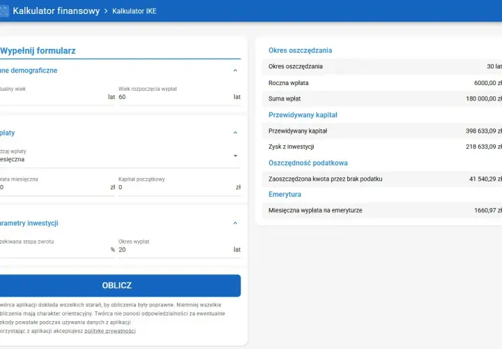 Kalkulator IKE pokazuje, że przy wpłacie 500 zł miesięcznie i stopie zwrotu 5%, emerytura wyniesie 1660,97 zł. Limit ike 2026.