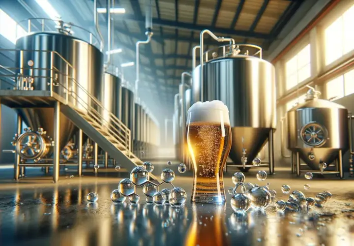 Verre de bière mousseuse dans une brasserie, avec des cuves en acier inoxydable. La question "quelle quantité de bicarbonate de soude pour augmenter le ph" flotte dans l'air.