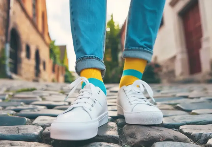 Kolorowe skarpetki do sneakersów dodają charakteru stylizacji. Osoba w jeansach i białych butach idzie po bruku.