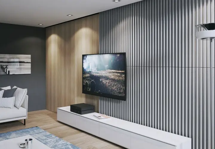 Nowoczesna ściana TV: beton i lamele tworzą stylowe tło dla ekranu. Drewniane panele dodają ciepła.