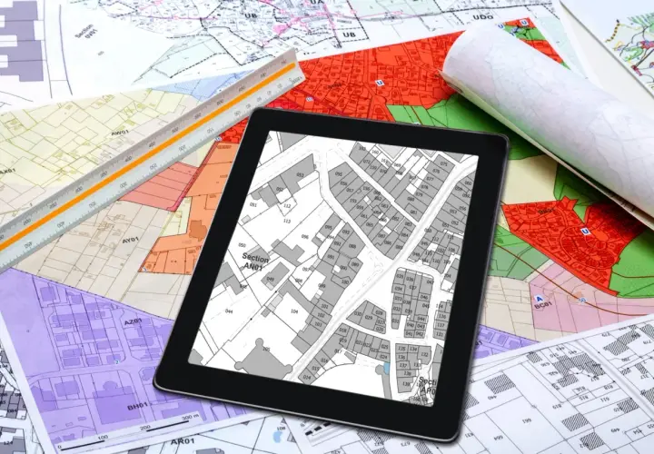Plan zagospodarowania przestrzennego (mpzp) to klucz do rozwoju. Na zdjęciu mapy, tablet z planem i linijka geodezyjna.
