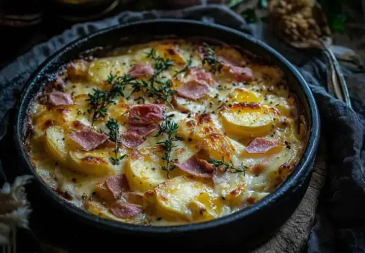 Un plat de tartiflette gratiné, avec des pommes de terre, du lard et du fromage fondant, garni de thym frais. Une recette réconfortante.