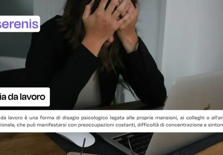 Woman with hands on head in front of a laptop, with text overlay about work anxiety.