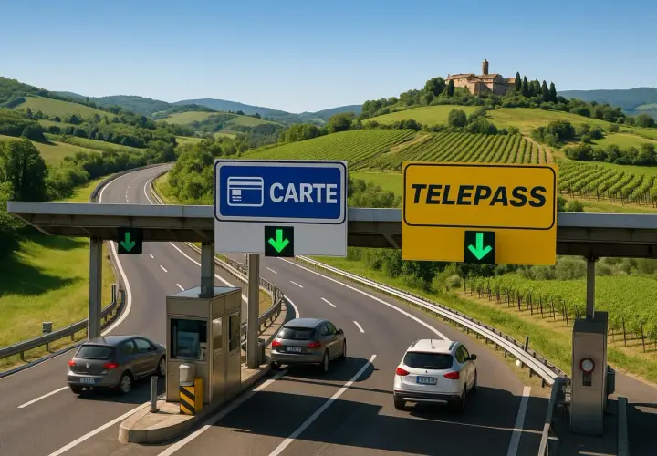 Autostrada we Włoszech z bramkami opłat: znak "CARTE" i "TELEPASS" oraz zielone strzałki.