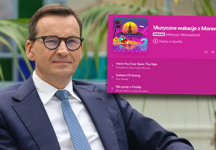 Mateusz Morawiecki w okularach, obok playlisty "Muzyczne wakacje z Morawieckim", gdzie trzeci utwór to "Nie pytaj o Polskę" Kwiatu Jabłoni.
