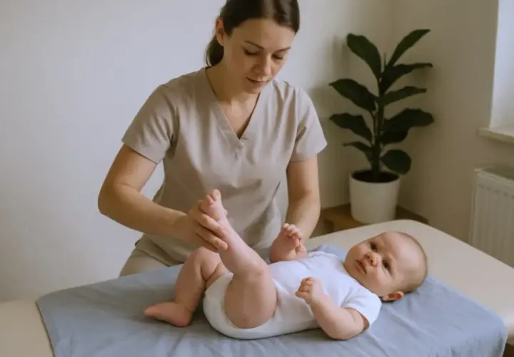 Fizjoterapeuta dla niemowląt delikatnie masuje nóżki maluszka, wspierając jego rozwój.