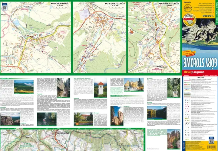 Mapa turystyczna Gór Stołowych z zaznaczonymi atrakcjami, szlakami i miejscowościami jak Kudowa-Zdrój, Duszniki-Zdrój, Polanica-Zdrój.