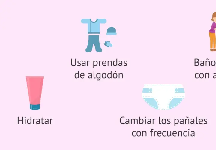 Consejos para el cuidado de la piel atópica en niños: cortar uñas, hidratar, usar algodón, baños tibios y cambiar pañales.