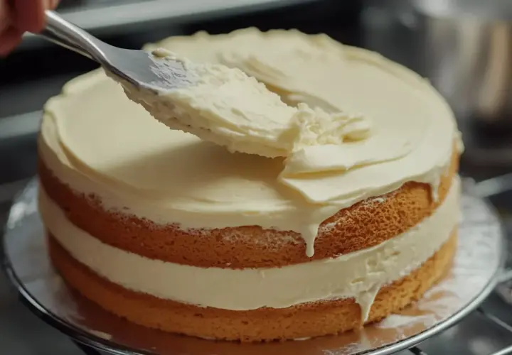 Nakładanie puszystego tynku do tortu z mascarpone na biszkoptowe warstwy. Krem spływa apetycznie po bokach.