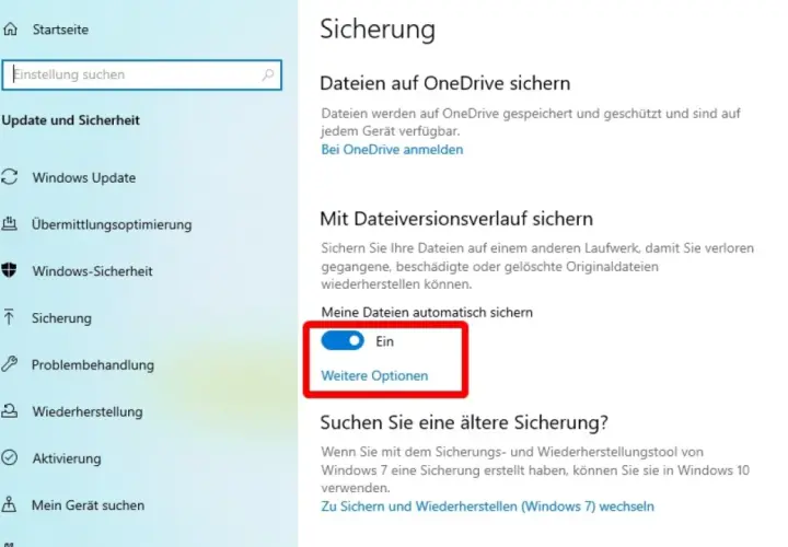 Windows-Einstellungen: Dateiversionsverlauf aktivieren. Hier können Sie Ihre Dateien sichern und wiederherstellen.